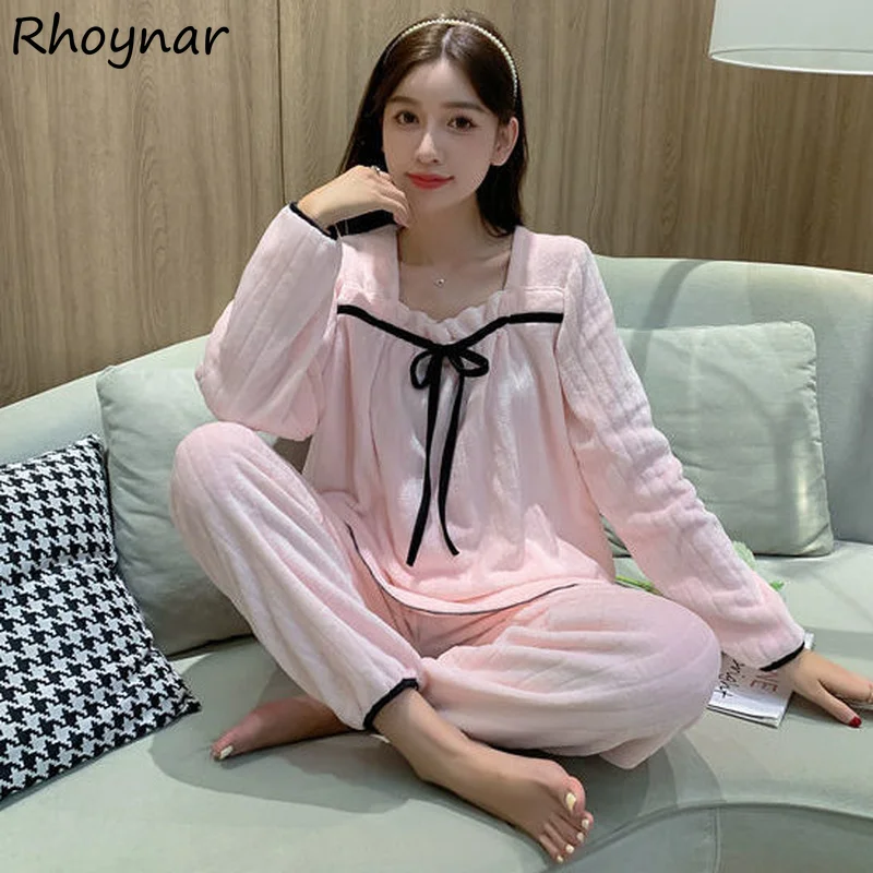 

Пижамные комплекты для женщин в стиле пэчворк с квадратным воротником фланелевый зимний теплый Ulzzang с длинным рукавом для студентов Милая свободная Пижама на шнуровке уютная