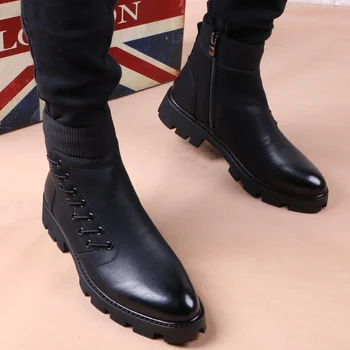 Italian brand designer men&#x27;s leisure cowboy boots natural leather platform shoes black autumn winter ankle boots short botas men