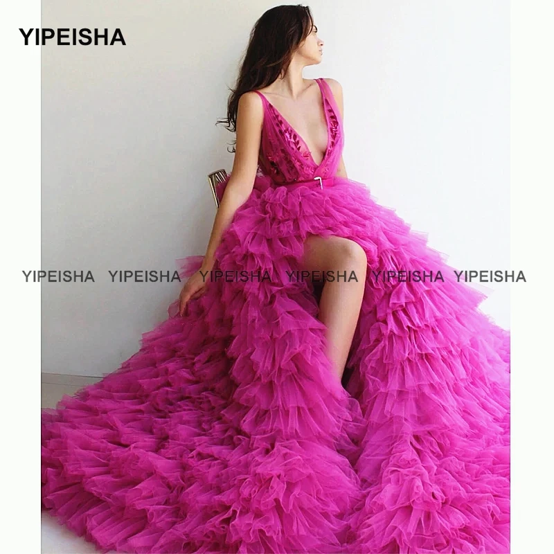 Yipeisha gonna a strati abiti da ballo Sexy scollo a v spacco laterale abiti da Festa abito da cerimonia formale fucsia Vestido de Festa