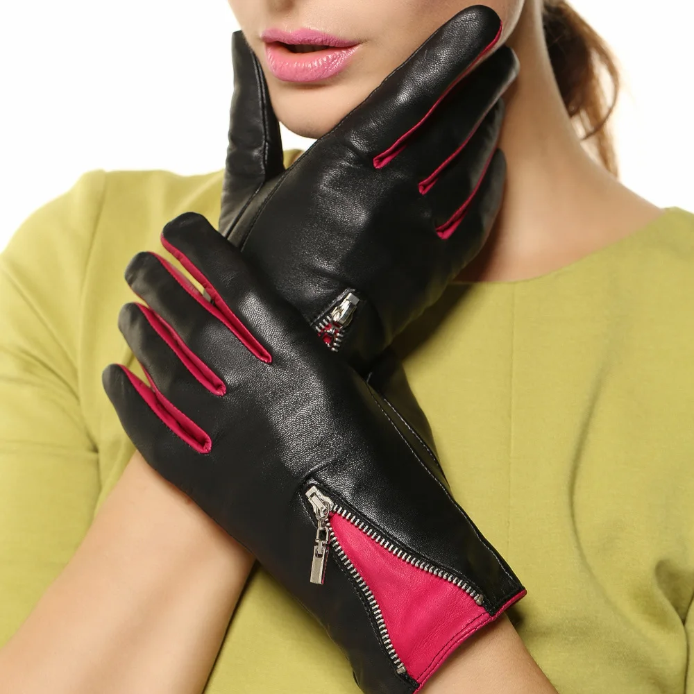 Sheepskin Gloves Female Two-Tone Fashion Trend Warm Short Style Genuine Leather Driving Woman\'s Gloves With Zipper L141NQ-1