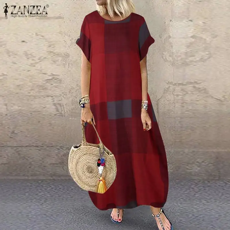 2023 Sumemr Short Sleeve Long Dress ZANZEA Vintage Check Party Sundress Women Casual O Neck Bohemian Beach Vestidos Female Robe