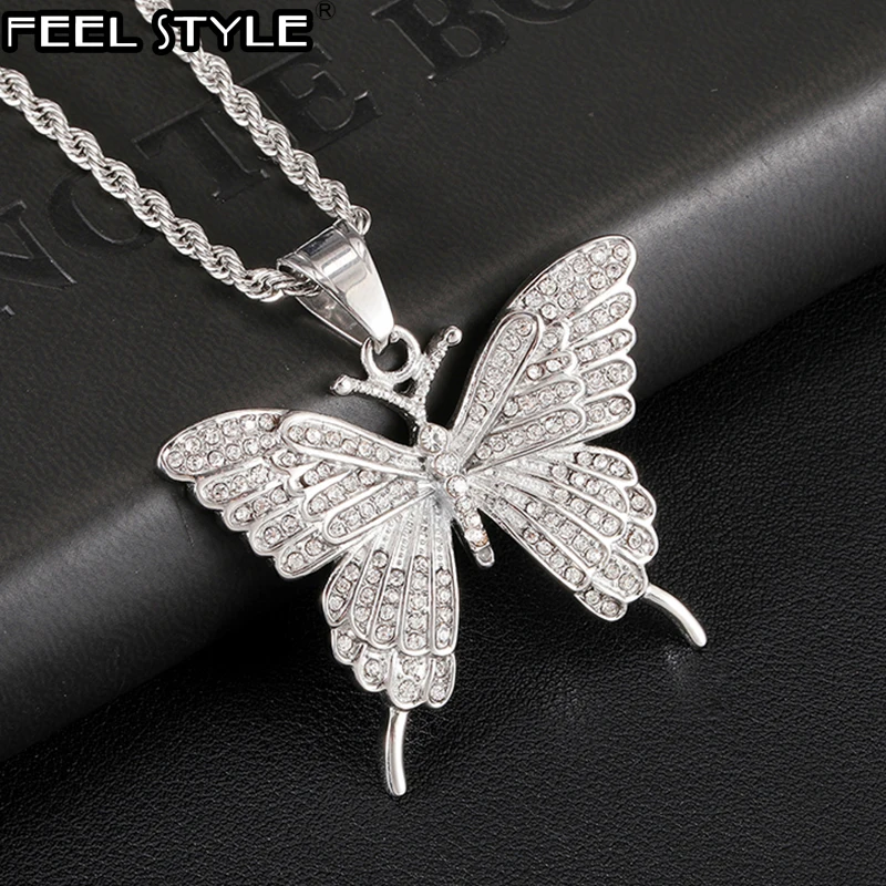 Hip Hop Animal Butterfly Iced Out Bling Stainess Steel Necklace & Pendant For Men Jewelry Charm With Chains Solid Back