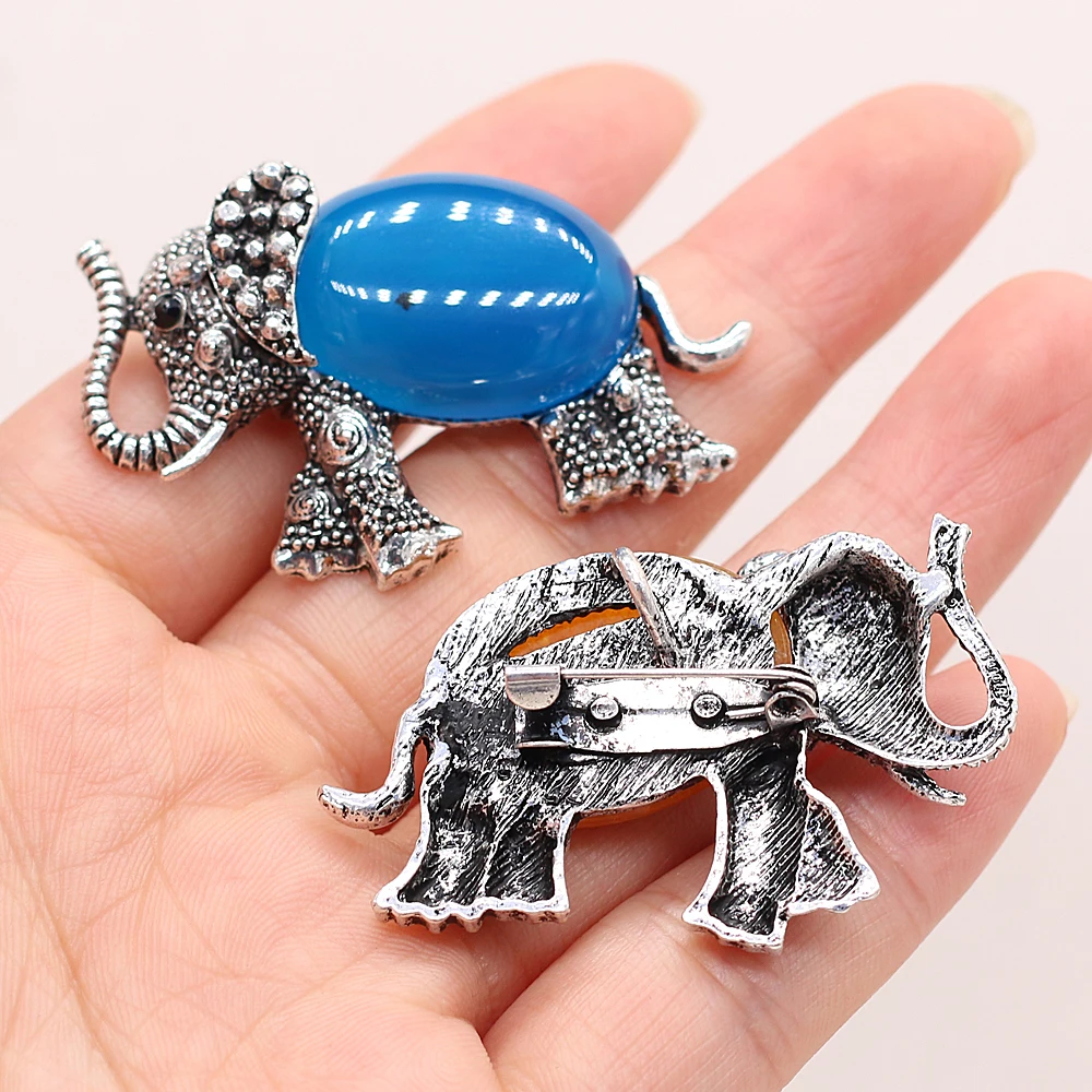 Hot Sale Natural Gem Stone Crystal Brooch Lucky Elephant Antique Abalone Shell Pins for DIY Charms Necklace Making Jewelry Gift