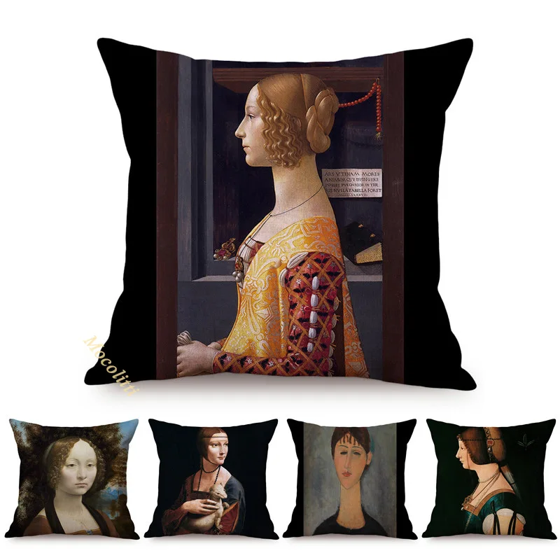 World Famous Oil Painting Genevra Debench Luxury Home Decor Throw Pillow Case Da Vinci Gallery Art Sofa Cushion Cover Kussenhoes