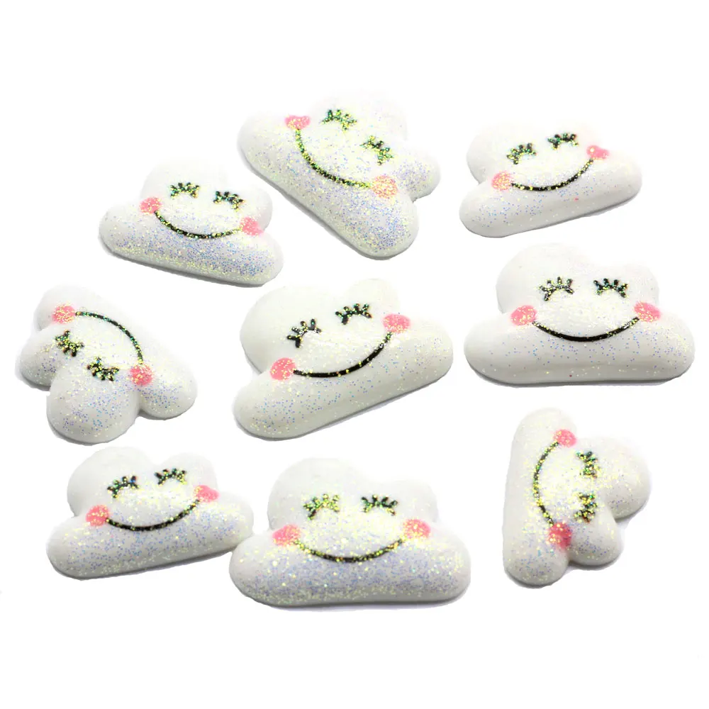 Two Size Glitter White Flat Back Resin Cabochon Cartoon Cloud With Smile Face DIY Flatback Embellishment Accessories Sc