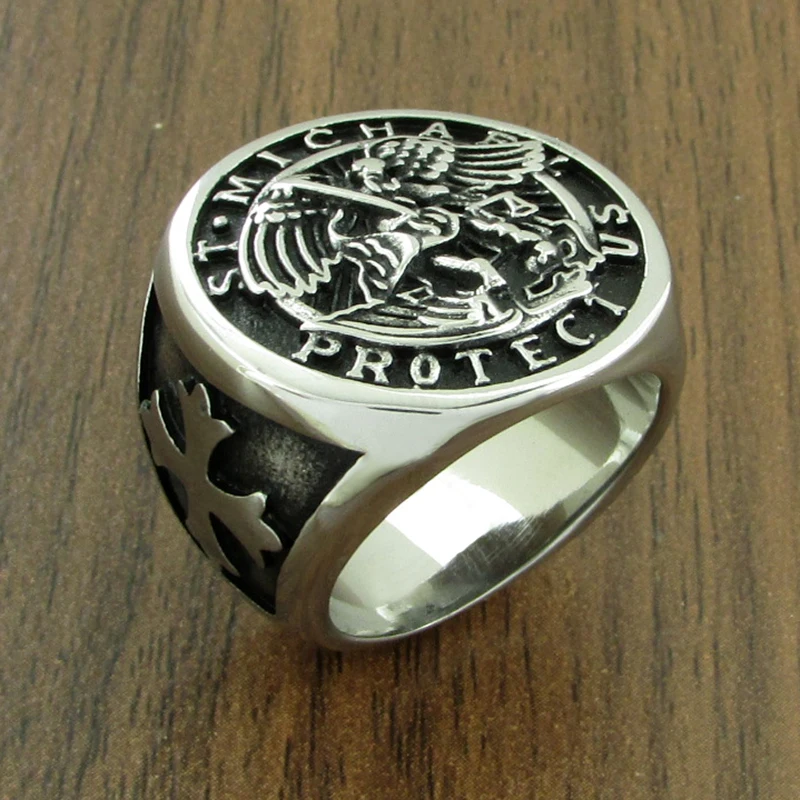 Vintage 316L Stainless Steel Archangel ST.MICHAEL PROTECT US Ring Religious Legend Cross Ring Jewelry