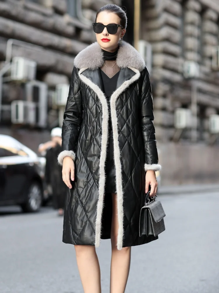 AYUNSUE 100% Genuine Sheepskin Coat Women Winter Real Fox Fur Collar Down Coat Famale Long Korean Down Parkas Monteau Femme 1231