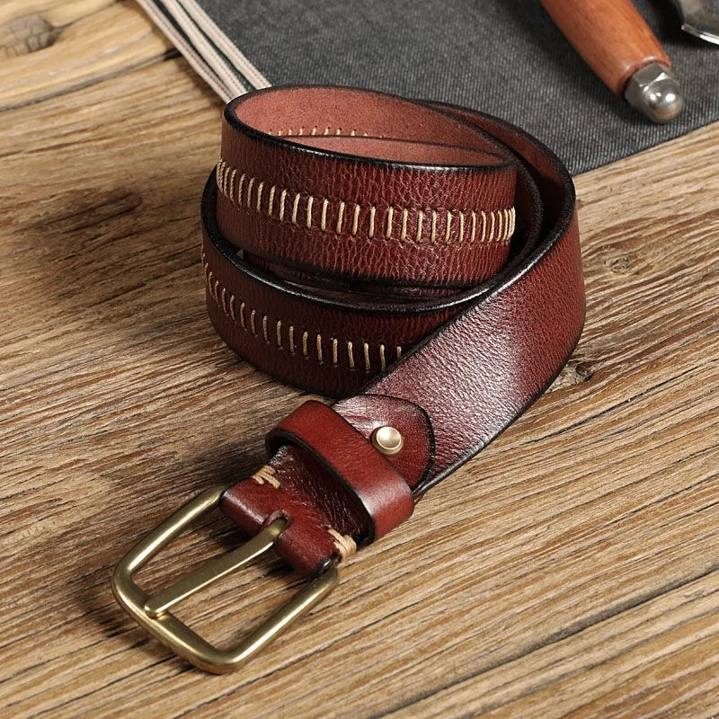 

High Quality Thick Cow Leather Vintage Casual Brass buckle Head Artificial Stitching Decoration Men's Belt Designer Jeans Belt