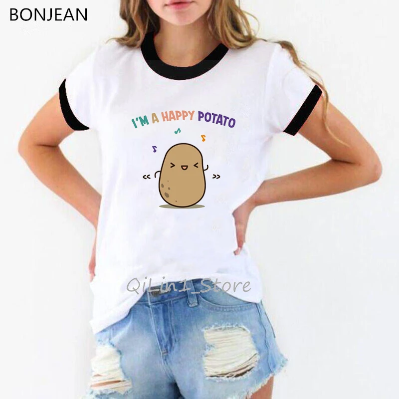 Harajuku Kawaii Happy Potato Print Graphic Tees Women Funny Cartoon T Shirts Summer Top White Female T-Shirt 90s Tumblr Clothes