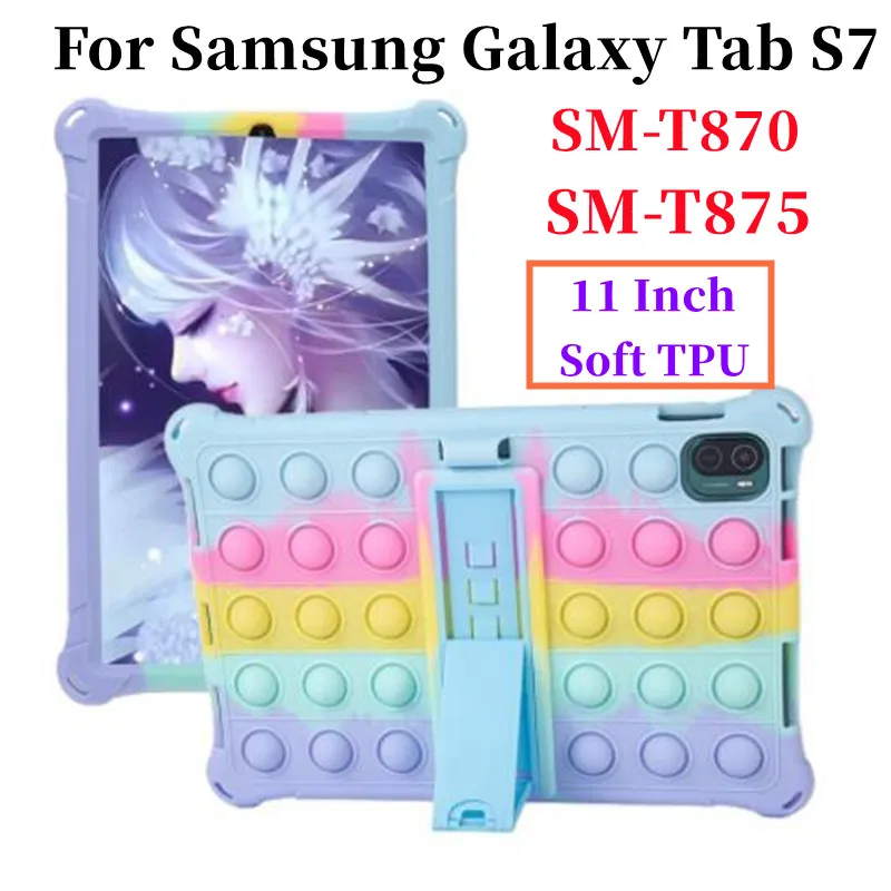 Bubble Silicone Cover with Kickstand for Samsung Galaxy Tab S7 Case SM-T870/T875/T878 Shockproof Kids Toy Tablet with Pen Strap