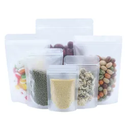 100Pcs Matte Clear Zip Lock Stand Up Bag Self Seal Reclosable Reusable Doypack Tear Notch Food Snack Dry Fruit Nut Pack Pouches