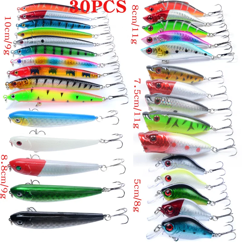 

30 Pcs Mixed Fishing Lure Bait Set Kit Wobbler Crankbait Swimbait With Treble Hook Sea Fishing Tools pesca Drop shipping