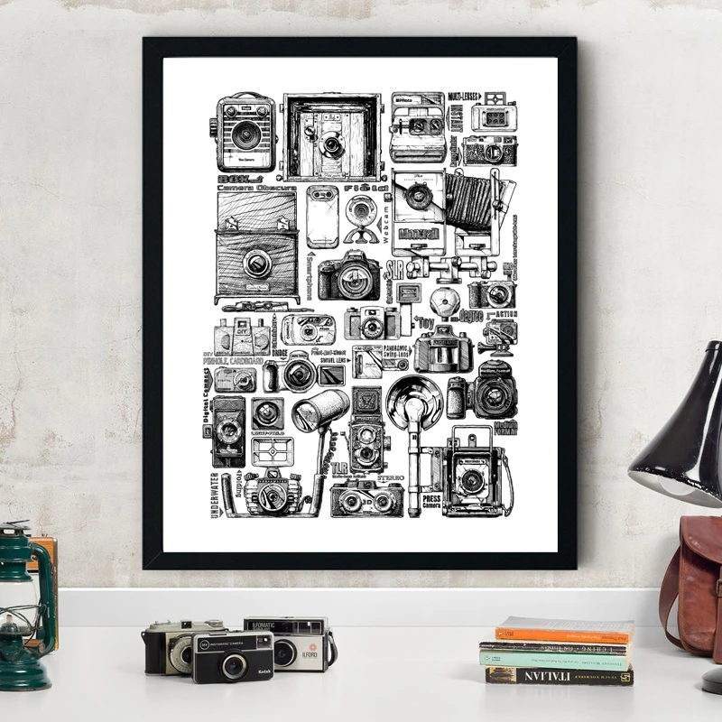 Vintage Camera Collection illustrations Posters and Prints Black White Canvas Painting Wall Pictures Decor Photographer Gifts