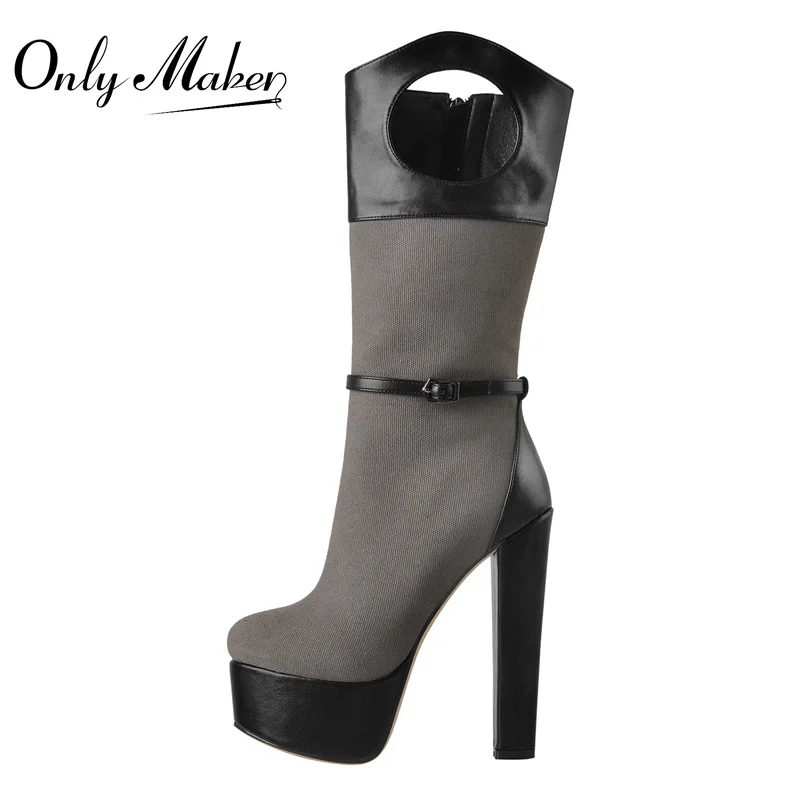 Onlymaker Winter Mid-Calf Boots Platform  Matte Black PU Patchwork Mesh Round Heels  Cutout Comfortable Zipper Shoes