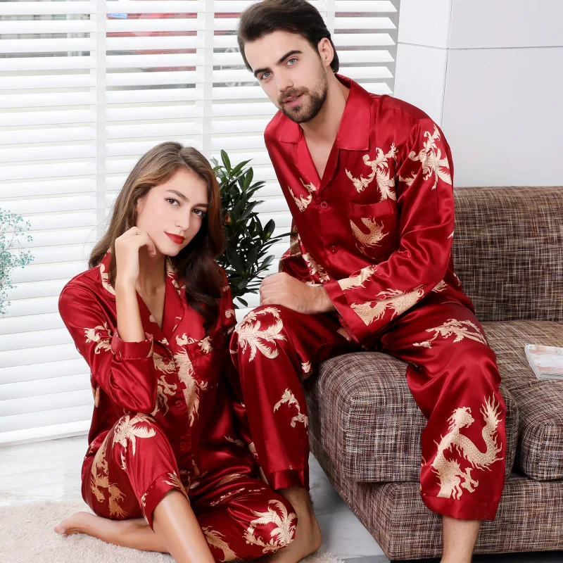 Simulation Silk Couple Pajamas New Long-Sleeved Suit Men And Women V-Neck Silk Printing Dragon And Phoenix Home Service Пижам