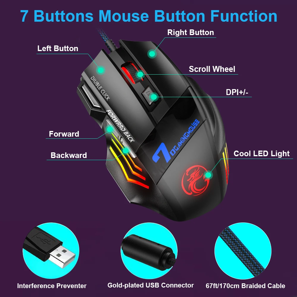 Souris de jeu filaire ergonomique avec câble rétro4.2 pour PC et ordinateur portable, souris X7 silencieuse, LED 5500 ug I USB RGB