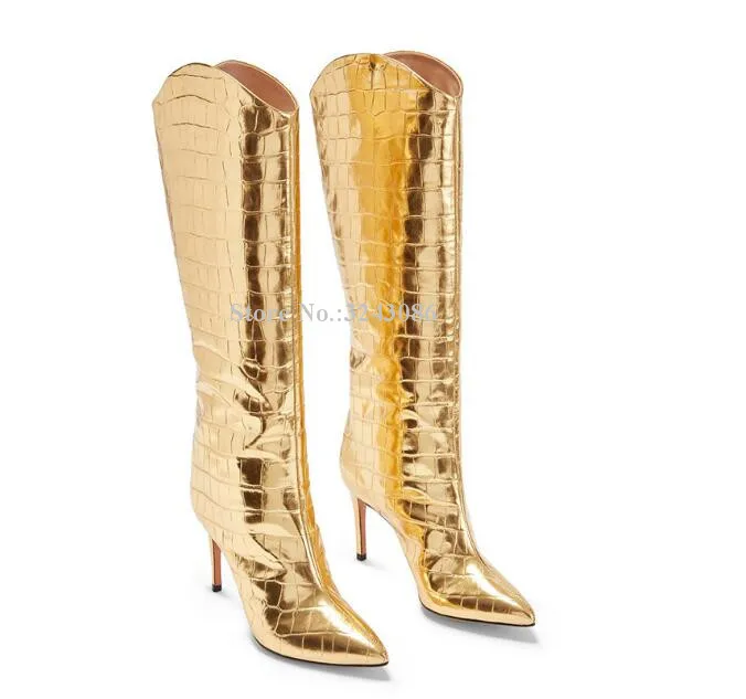 

Gold Color Crocodile Pattern Knee High Boots Women Sexy Pointed Toe Stiletto Heel Long Boots Lady Large Size Short Boots