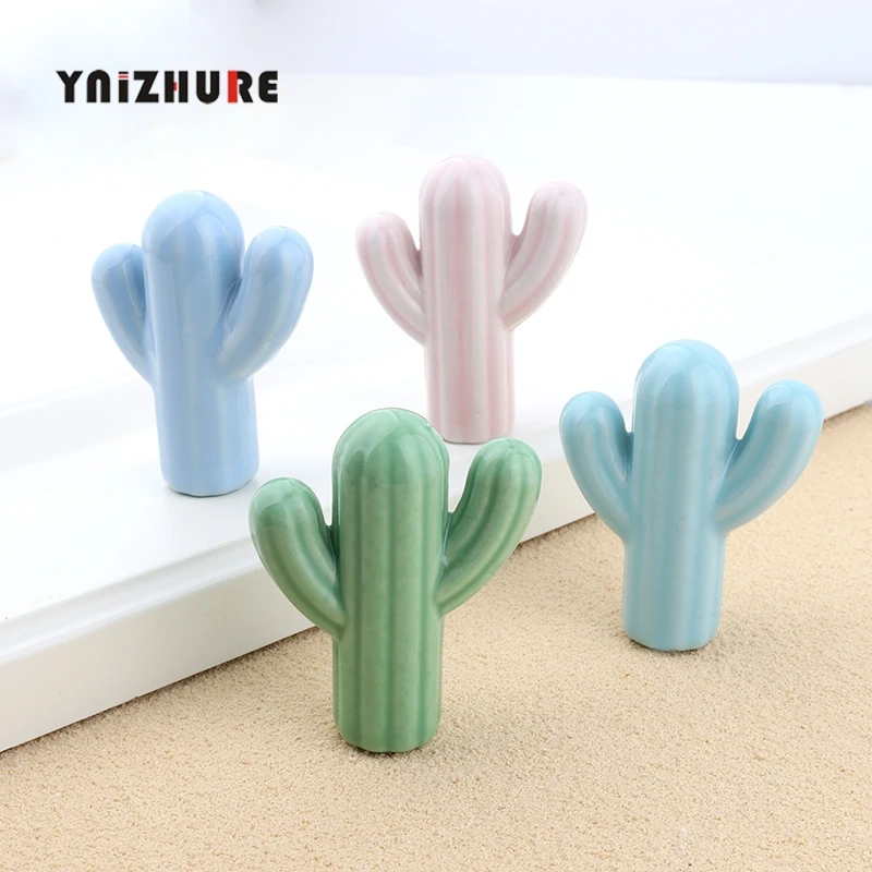 Instagram Style Ceramic Green Pink Cactus Knob Children Room Hardware Museum Cabinet Knobs Drawer Knobs for Kids Children