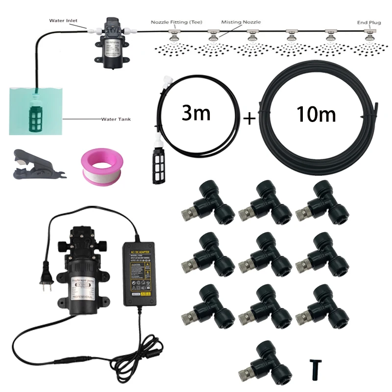 Kit de bomba de diafragma eléctrica, sistema de enfriamiento por nebulización de jardín e invernadero, 10M, boquillas de niebla, herramientas de