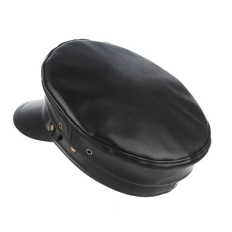 Women Newsboy Hats Vintage PU Leather Military Caps Fiddler Hat Captain Sailor Cap Baker Boy Peaked Cap