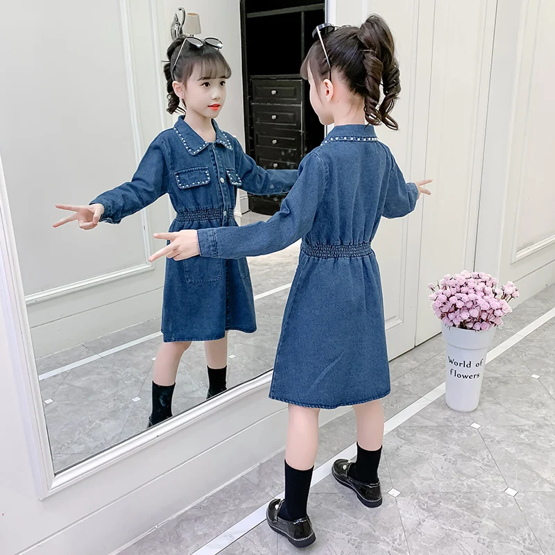 New Kids Dress for Girl Korean Party Jean Dress Denim Clothes Children Elegant Teenage Long-Sleeve Dresses for Girls 4 7 8 9 11Y