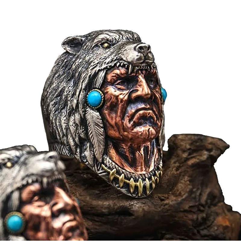 Megin D Stainless Steel Titanium Celtic Totem Indian Chief Wolf Head Boho Human Face Rings for Women Men Couple Gift Jewelry