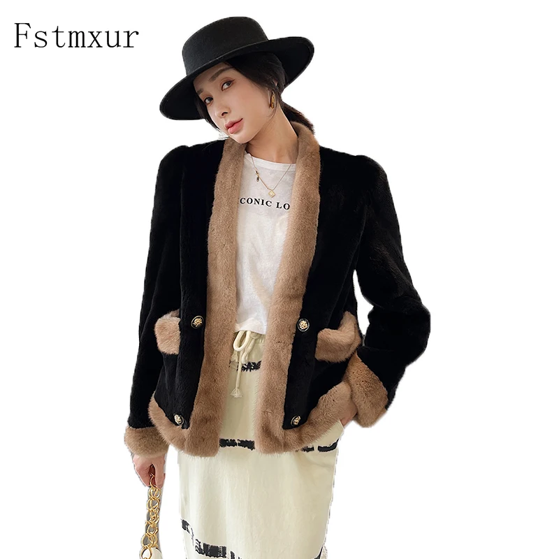 Fstmxur 2021 New Copenhagen Imports Velvt Mink Fur Coat Womens Full Sleeve V-Neck With Pockets Warm Soft Short Mink Fur Coats