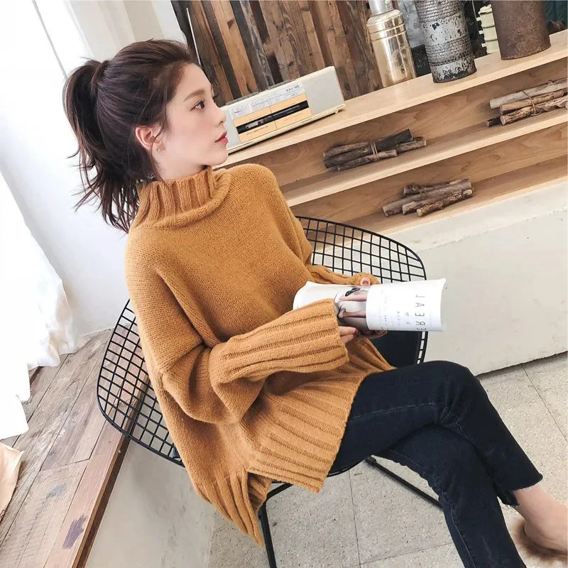 2023 Fashion Women's New Autumn Winter High Neck Pullover Women Loose Knit Sweater Outer Wear Lazy Wind Top Split Sweater Femme