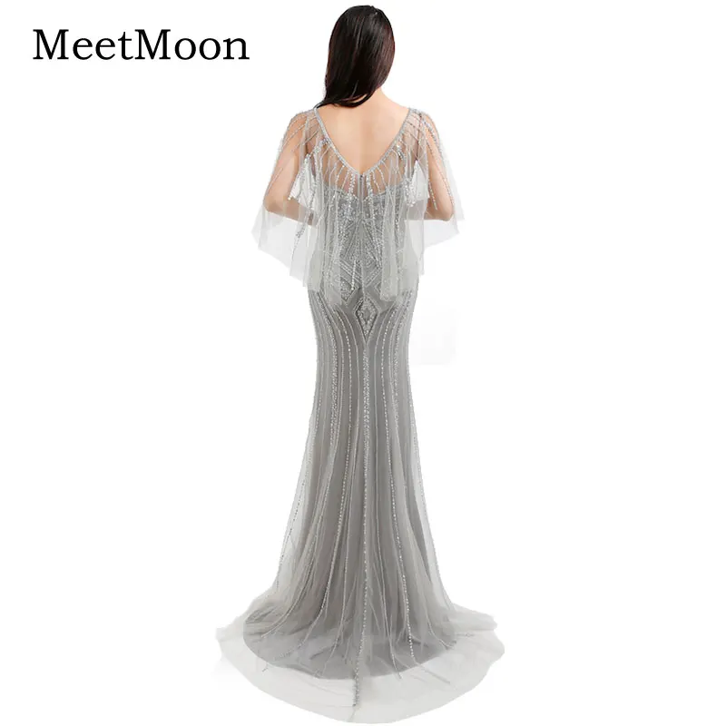 MeetMoon Luxury Grey Beaded Evening Dress Long Formal Birthday Party Gown Mermaid With Shawl Pageant Dresses Robe De Soire