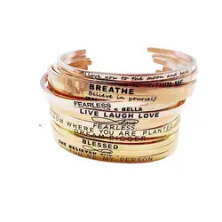 Engraved Bar Cuff Bangle Bracelet 3MM Stainless Steel Inspirational Quote Bangle Gold Plated Elegant Female Women Jewelry