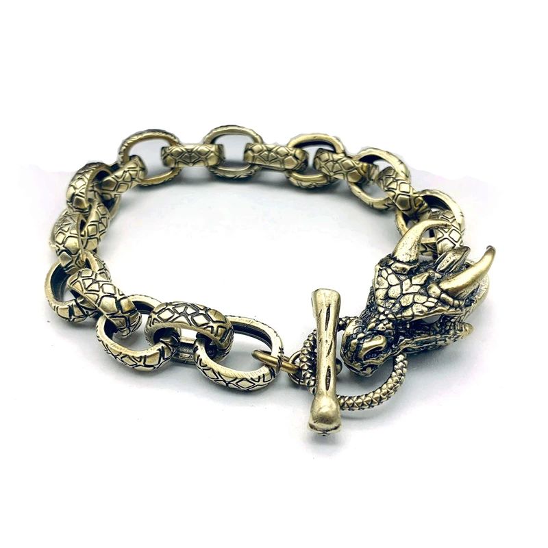 Vintage Brass Beast Chain Bracelet Dragon Scale Pattern Locomotive Trendy Punk Men Cuff Bracelet Jewelry Pure Copper Dragon Head