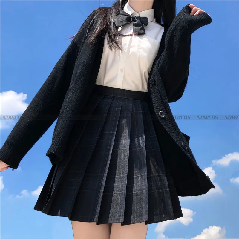 [Charcoal gray] Girl's Short/Long sleeve High Waist Pleated Skirts Plaid Skirts Women Dress For JK School Uniform Anime Students