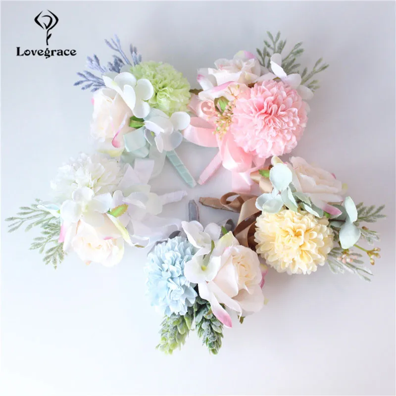 Bruiloft Corsages en Boutonnières Zijde Rozen Roze Pols Corsage Armband Bloemen Bruiloft Bruidegom Boutonniere Pin Corsage Bloemen