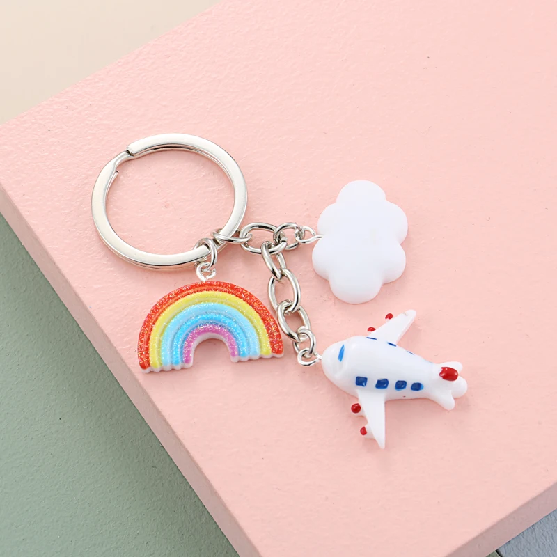 Lovely Aviation Keychain Resin Key Ring Rainbow Airplane Cloud Hot Air Balloon Key Chain Girl Teens Gifts DIY Jewelry Handmade