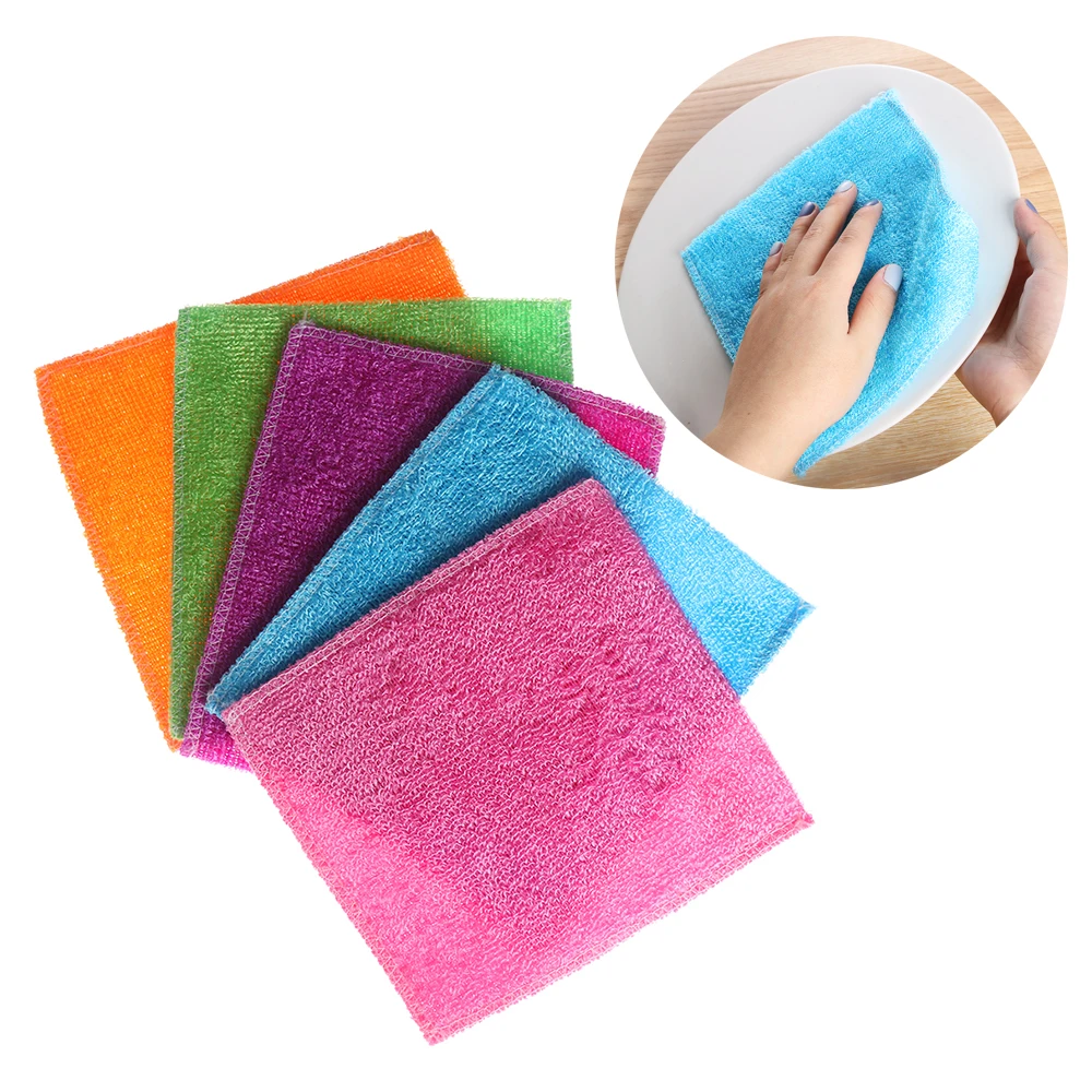 5Pcs Anti-grease Dish Cloth Bamboo Fiber Washing Towel Soft Scouring Pad Tableware Household Kitchen Gadgets Magic Cleaning Rags