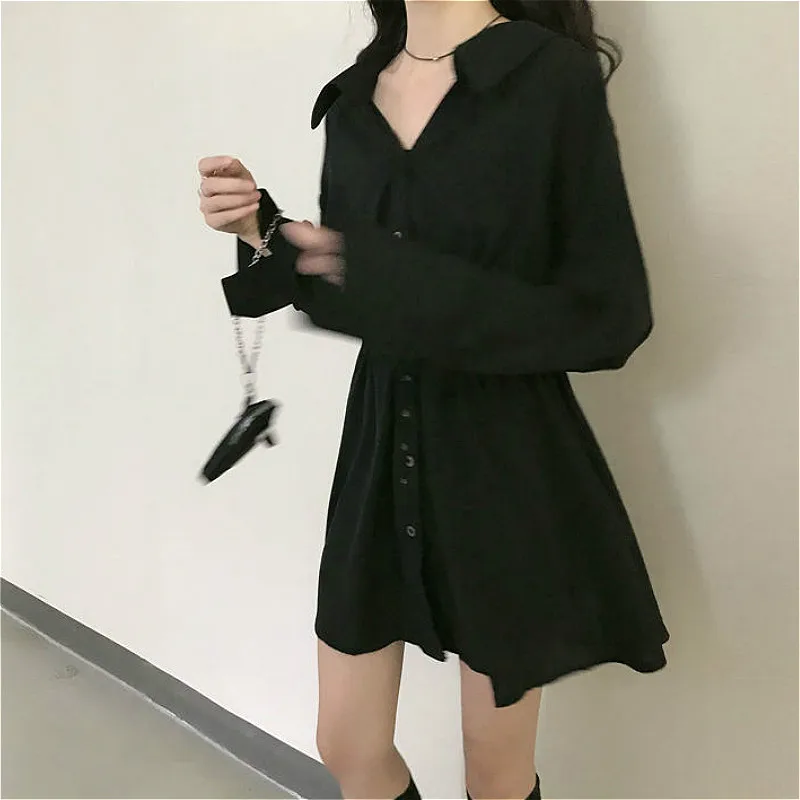 Dress Women Pure Turn-down Collar Button Long Sleeve Collect Waist Elegant Fashion Black Clothing Fall 2020 Hepburn Vestido Chic