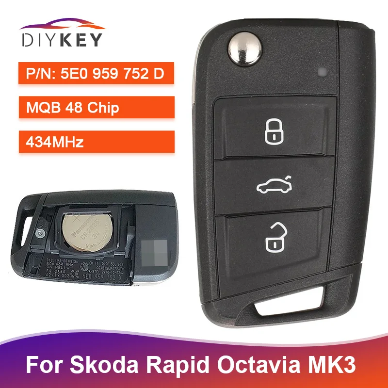 DIYKEY MQB48 5E0959752D 5E0 959 752 D For Skoda Rapid Octavia MK3 2013+ 434MHz MQB 48 Chip Remote No Keyless Go Car Key Fob