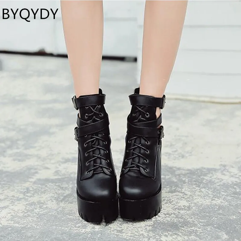 BYQDY Autumn High Heels Ankle Boots Women Buckle Strap Lace Up Black Vintage Women Short Boots Thick Platform with Zipper