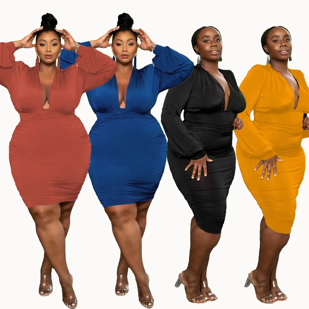 Mulheres sexy plus size vestido profundo decote em v cintura alta cor sólida manga comprida vestidos de noite moda roupas por atacado