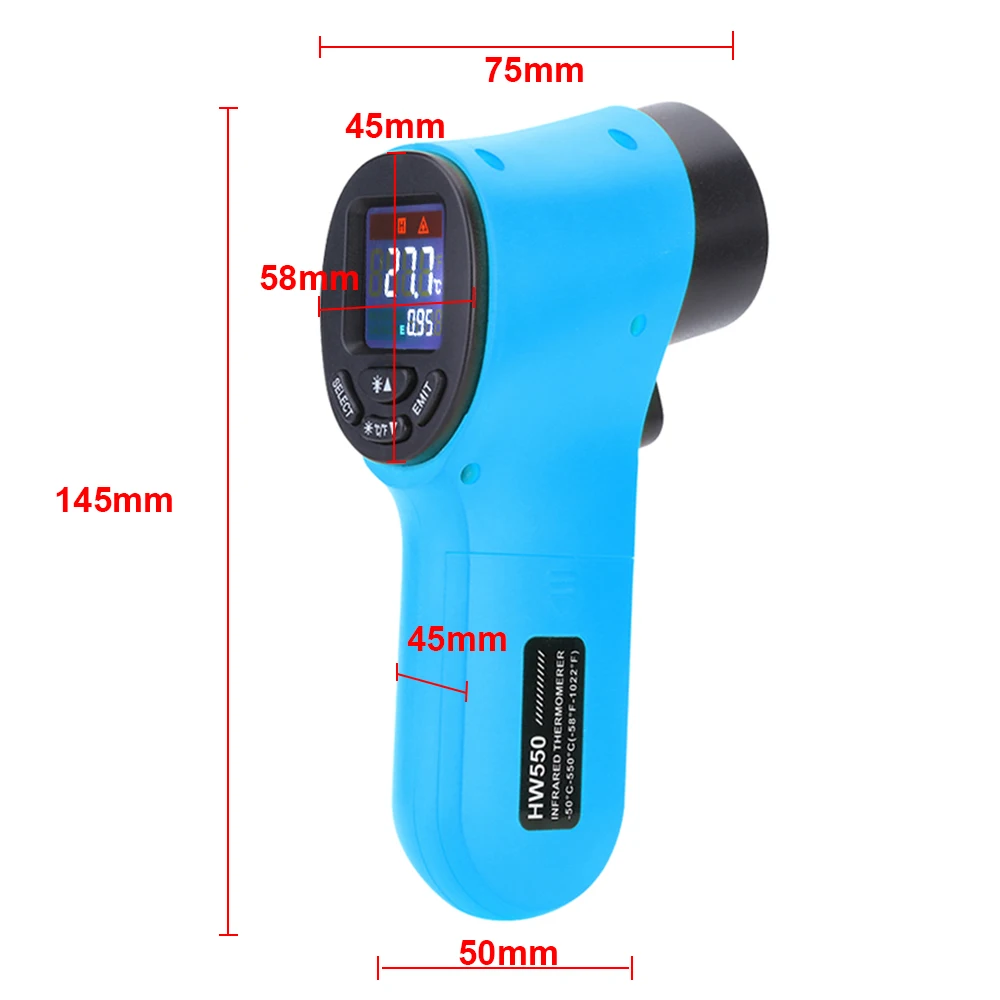 Termometer inframerah IR, pengukur suhu Laser Digital tanpa kontak, layar LCD-50 ~ 550 °C