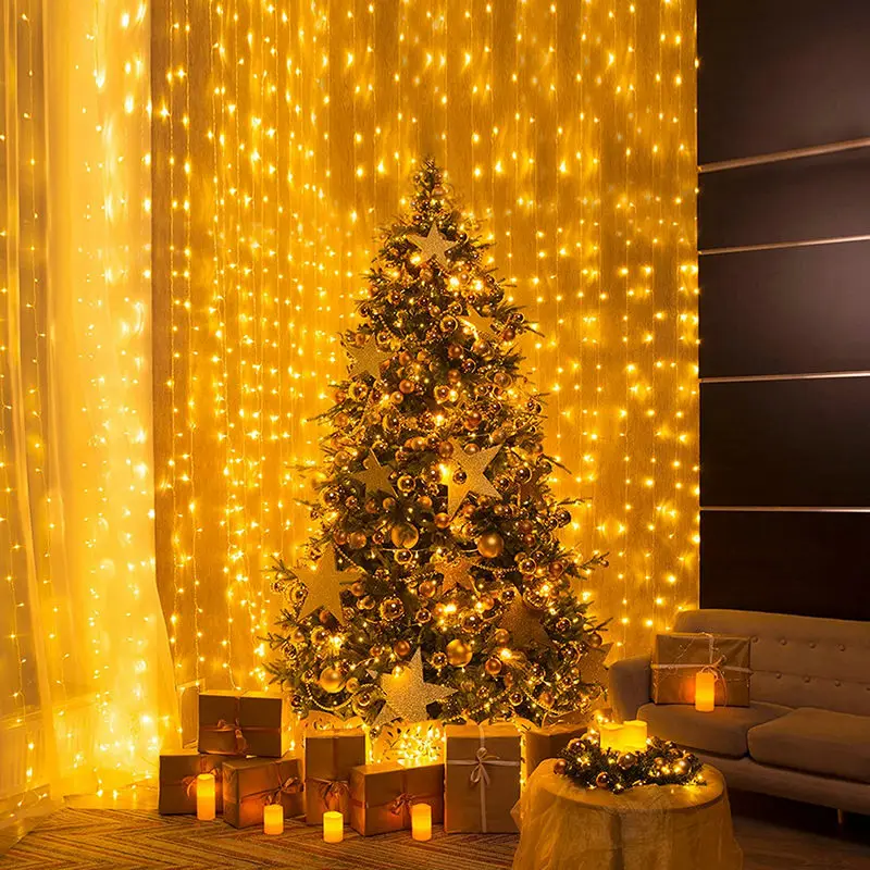 Cortina colgante de pared para ventana, guirnalda de luces de hadas de 608 bombillas, decoración de fondo de Navidad y boda, 6M x 3M, 608LED, 3 colores