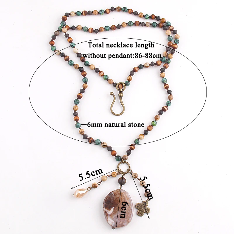 New Fashion Bohemian Jewelry Accessory 6mm Glass/Stones Knotted With Agt Stone Pendant Necklaces For Women Gift