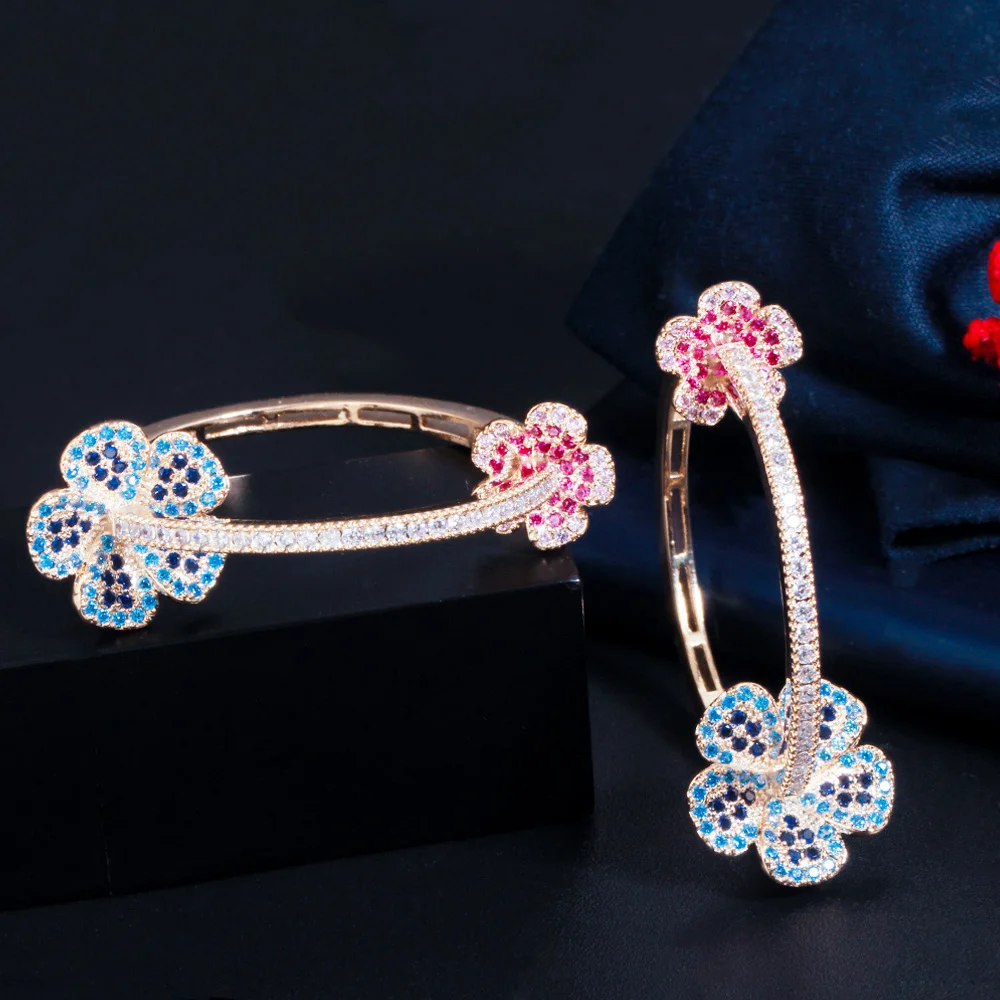 Pera Sweet Red Blue Cubic Zirconia Elegant Flower Shape Large Round Gold Color Hoop Earrings for Women Trendy Brand Jewelry E657