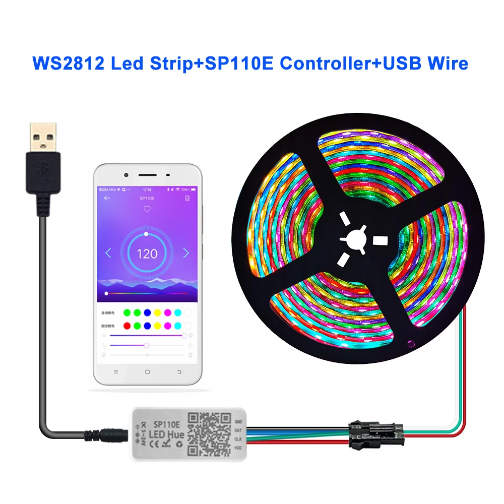 

DC5V WS2812B Individually Addressable 5050 RGB Strip With USB SP110E Bluetooth APP Led Controller Kit 30/60/74/96/144 Pixels/M