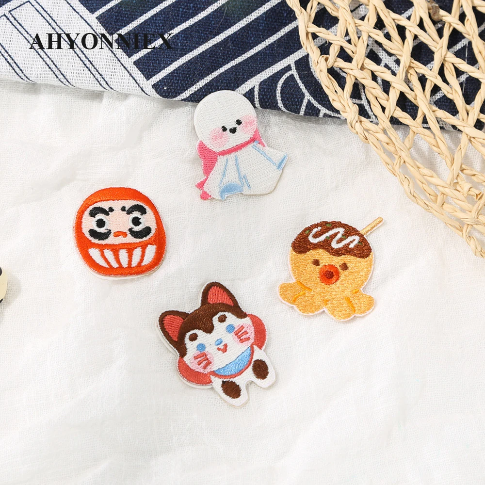 AHYONNIEX 1 Piece Embroidered Cute Tako Yaki Patches Clothes Bags DIY Applique Embroidery Parches Dog Iron On Patch for Clothes