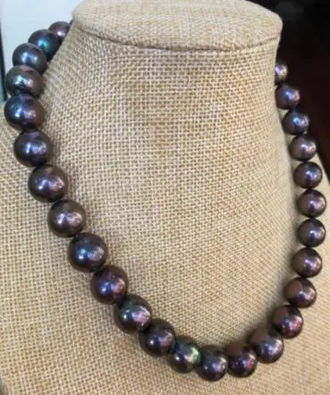 free shipping noble jewelry stunningAAA12-15mm Freshwater round black green red pearl necklace