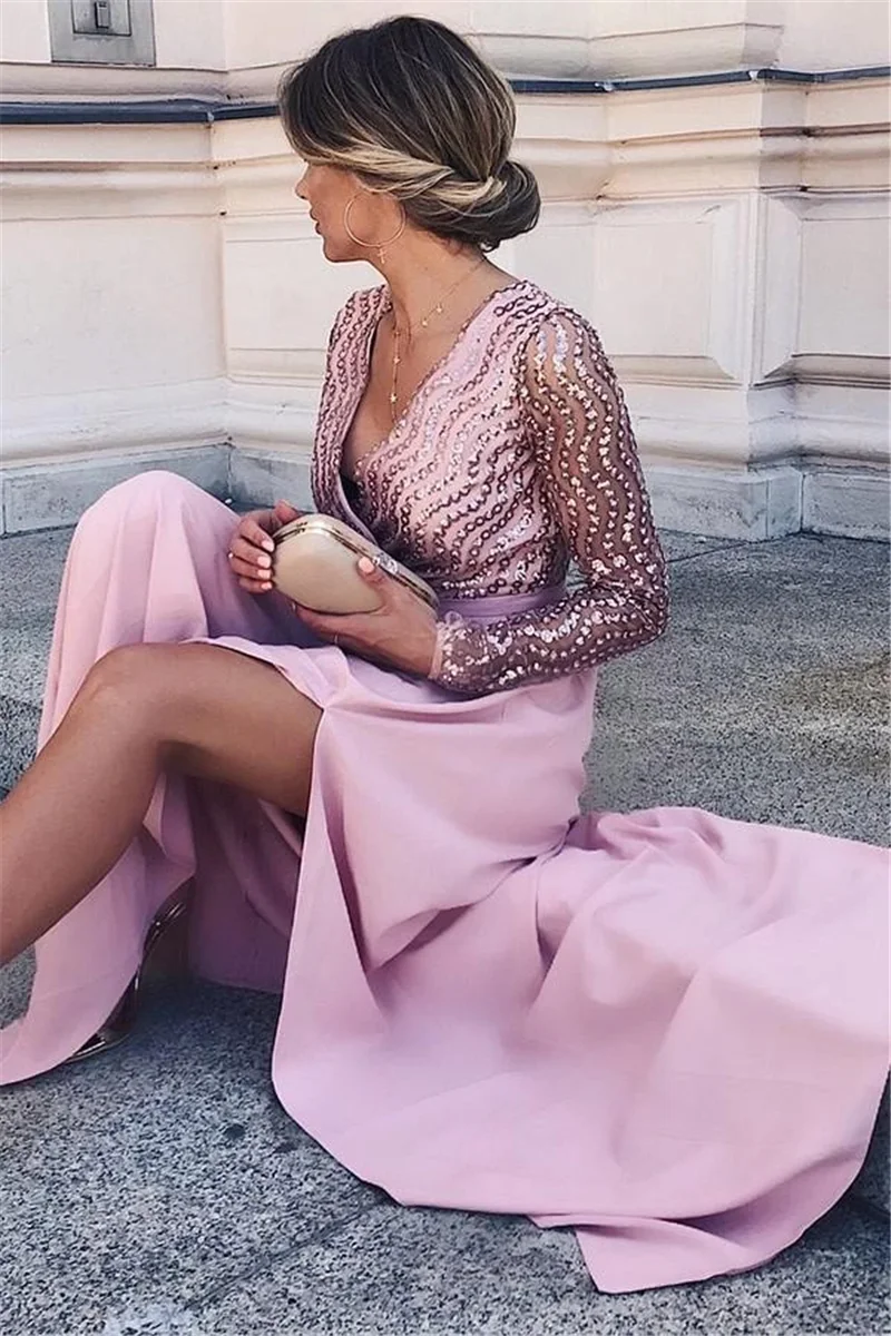 2020 Satin Prom Dress A-line Floor Length Long Sleeves Sequin Split V-neck Elegant Mother Evening Dress платья знаменитостей