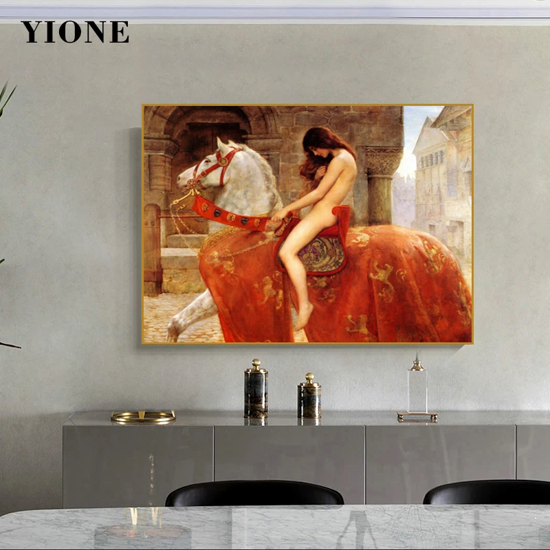 Lady Godiva Oil Painting Classic Art Portrait Nude Woman Horse Retro Building House Canvas Prints Poster Wall Picture for Living