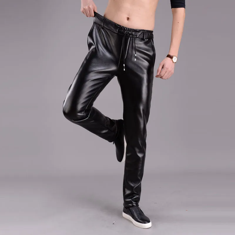 Men's Leather Pants Elastic High Waist Casual PU Leather Trousers Korean Fashion Skinny Pants Male Motorcycle Pants Waterproof