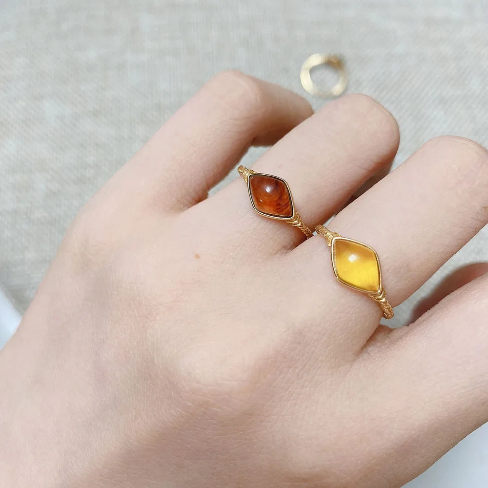 LAMOON Amber Ring For Women 925 Sterling Silver Vintage Gemstone Rings Recycled Amber Jade 10K Gold Plated Brithday Gift